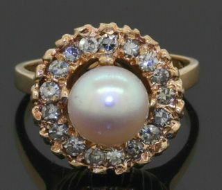 Heavy Vintage 14k Gold.  51ctw Vs1/f Diamond & 7.  1mm Pearl Cocktail Ring Size 4.  5