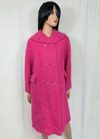 Dorée Vintage 1960s Pink Boucle Looped Wool Coat Rhinestone Buttons - L - Doree