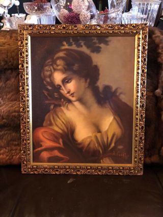 Vintage Oil On Canvas Painting Artist Signed Ornate Wood Frame Sexy Woman As - Is