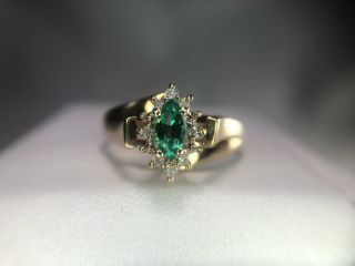 Vintage 10k Yellow Gold Marquise Green Emerald Diamond By - Pass Ring