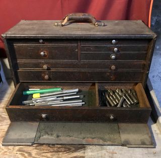 Vintage Machinist Tool Box 8 Drawer Wood Chest W/ Tools