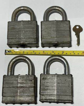 (4) Vintage Master Lock No.  19 Huge Hardened Steel Padlocks W/ 1 Key 2.  5lbs Each