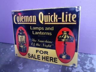 Vintage Coleman Quick - Lite Lamps & Lantern Sign Here Dealer Advertising
