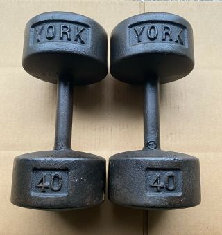 Vintage York 40 Pound Dumbbells Roundhead40 Lbs Ea,  80 Lbs Total Pre - Usa Weights