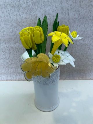 Vintage Hand Blown Art Glass Large 16 Flower & Leaves W/vase,  13 " - 20 " Long