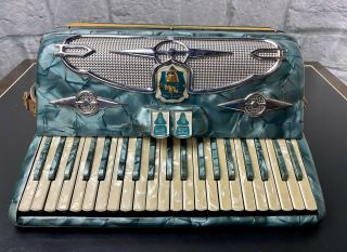 Vtg Castiglione Teal Pearloid Accordion 5050 Made In Italy W/lined Case,  Straps