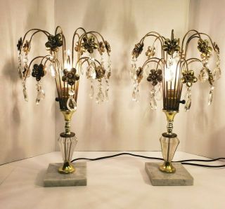 Pair Vintage Art Deco Crystal Waterfall Table Lamps,  Hollywood Regency Boudoir