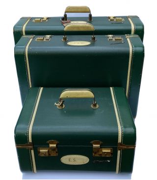 Vintage White Star Luggage Set Of 3.  Green Leather Mid Century Modern