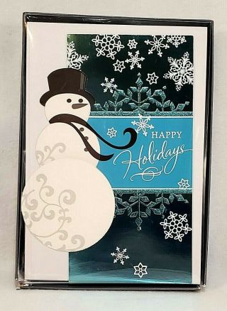 Box Of 16 Hallmark Christmas Cards Cutout Snowman Metallic W/matching Envelope