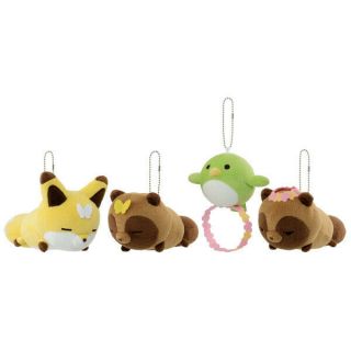Tanuki To Kitsune Raccoon Dog & Fox Plush Doll Stuffed Toy 4 Set Bandai Japan