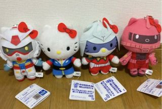 Gundam X Hello Kitty Plush Mascot 4 Set Key Chain Doll Char Amuro Zaku Banpresto