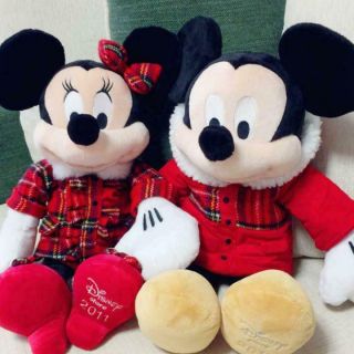 Disney Store Mickey Minnie Mouse Christmas 2011 Plush Doll Toy Set Tartan Check