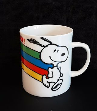Vintage Peanuts Snoopy Ceramic Mug " This Has Been A Happy Day " Rainbow