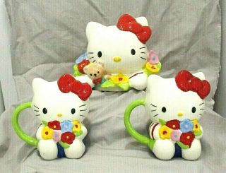 Hello Kitty Sanrio 1995 Ceramic Figural Mugs & Matching Cookie Jar Lid Only Vtg