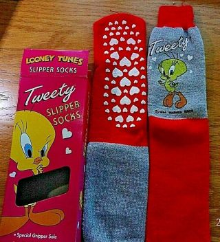 Looney Tunes Tweety Red/gray Slipper Socks Adult One Size Fits All Nib 1994