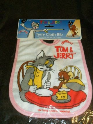 1994 Tom & Jerry Cartoon Terry Cloth Baby Bib In Package