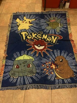 Vintage Pokemon Pikachu Charmander Bulbasaur Squirtle Woven Tapestry Throw 54x43