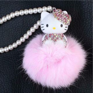Cute Hello Kitty Car Chain Decor Rhinestone Pom Pom Ball Bag Keychain Key Ring
