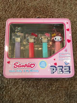 Pez Hello Kitty& My Melody Tin Lunch Box W/4 Dispenses.  Sanrio