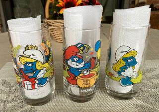 3 Vintage Smurf Glasses By Peyo Wallace Berrie 1982 Smurfett X2,  Papa Smurf