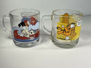 Set Of 2 Mcdonalds Garfield Odie Glass Coffee Cups Mugs Anchor Hocking 1978
