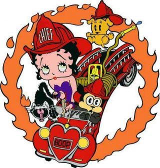 Betty Boop,  Dog & Cat In Fire Engine Truck Windowcling Decal Sticker Cartoon Art