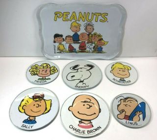 Vintage Snoopy Charlie Brown Peanuts Metal Tin Tray & Plates Set