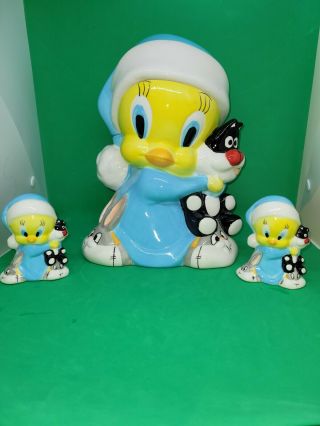 Looney Tunes Tweety And Sylvester Cookie Jar And Salt And Pepper Set By Gibson