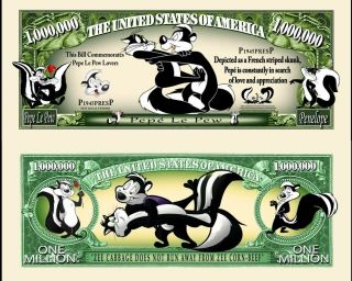 Pepe Le Pew Million Dollar Bill Play Funny Money Novelty Note With Sleeve