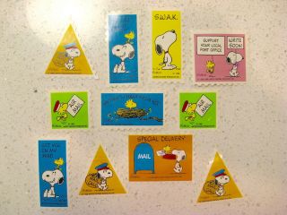 Vintage Peanuts Snoopy & Woodstock Stickers 1965 Us Mail Support Postage Like