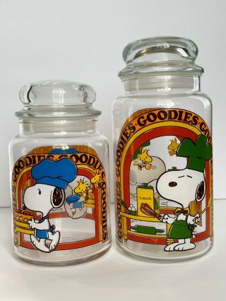 Set Of 2 Vintage 1965 Peanuts Snoopy Woodstock Glass Goodies Canister Jar