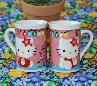Set Of 2 Hello Kitty Christmas Theme Ceramic Mugs Cups Sanrio Collectible