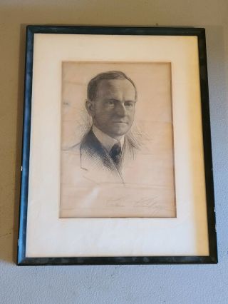 Signed Calvin Coolidge Etching Autographed Pencil Sketching
