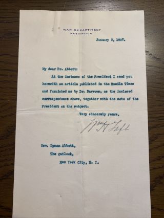 President William H.  Taft 1907 Typed Letter Signed - War Department Letterhead
