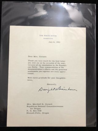 1953 President Dwight D.  Eisenhower Typed White House Letter Signed Bas Beckett