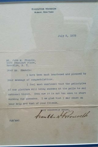 President Franklin D Roosevelt Signed Autograph November 1932 Election Letter