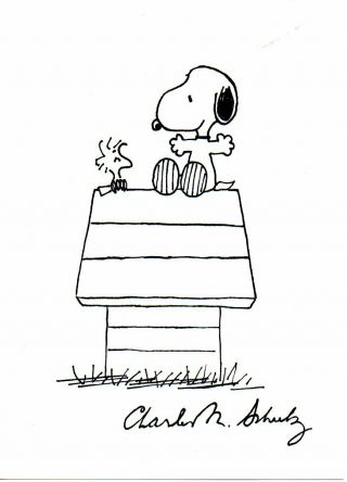 Charles Schulz Drawing Snoopy Woodstock On Roof 7 By 5 Inches Sketch Autograph