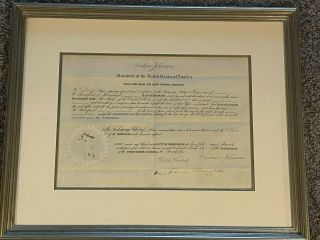 Framed Authentic Signed Document By President Andrew Johnson Signed 3/12/1866