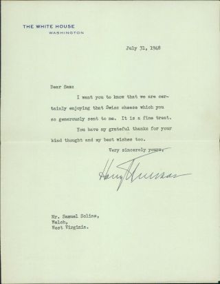 Harry S.  Truman President Signed White House Typed Letter Jsa Authenticated