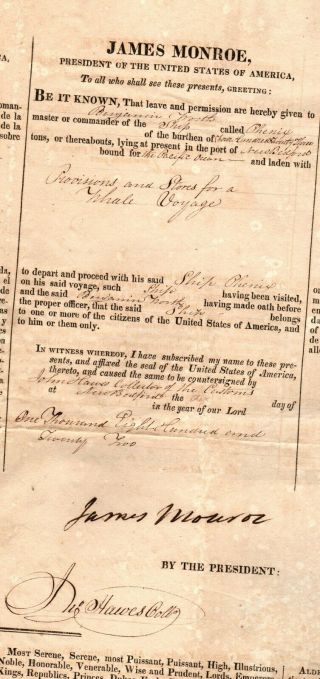 1822,  James Monroe,  John Q.  Adams,  signed 4 language passport,  whaling voyage 3