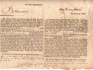 1822,  James Monroe,  John Q.  Adams,  signed 4 language passport,  whaling voyage 5