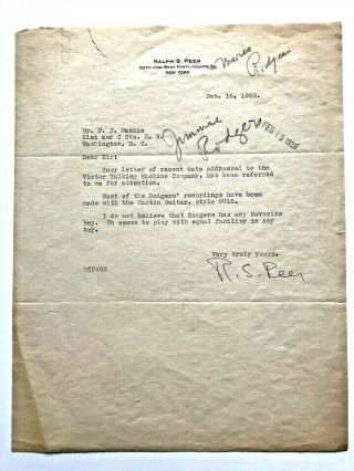 Rare 1929 Ralph Peer Signed Letter Jimmy Rogers Country Music Hall Of Fame