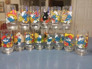 Set Of 14 Peyo Smurf 12 Oz Drinking Glasses 1982 - 83