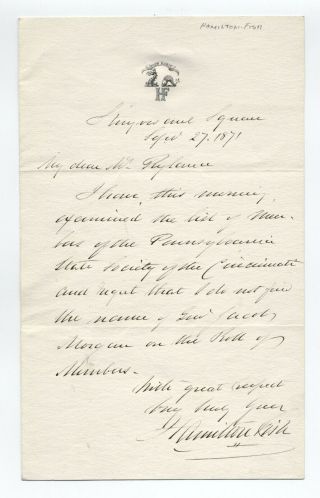 1871 Hamilton Fish Autograph Letter Signed Secretary Of State [y5875]
