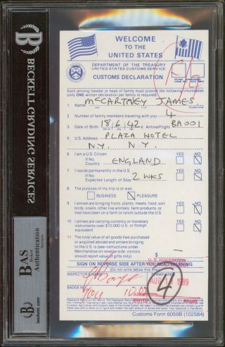 Paul McCartney The Beatles Signed 4x7.  5 Customs Document Autographed BAS Slabbed 2