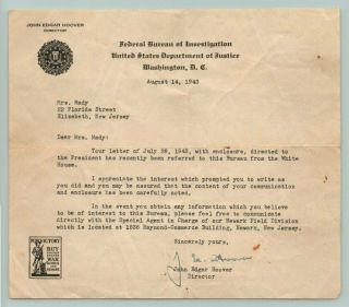 Ww2 1943 Vintage J Edgar Hoover Signed Autograph On Fbi Letter With Psa/dna