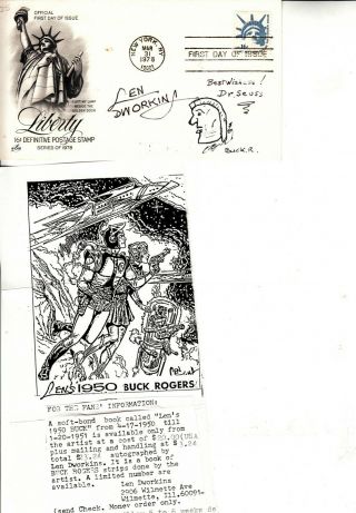Len Dworkin And Dr Seuss Hand Signed U.  S.  A.  With Hand Drawn Sketch Of Buck Roger
