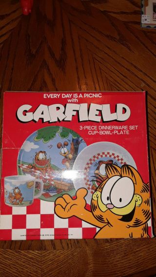 Vintage Every Day Is A Picnic With Garfield Dinnerware Set Cup Bowl And Plate