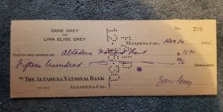 Zane Grey,  American Author Of Western Novels,  Signed Check