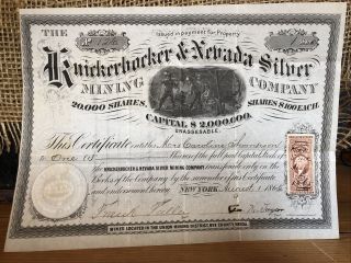 Very Rare 1865 Knickerbocker & Nevada Silver Mining Company Stock Certificate